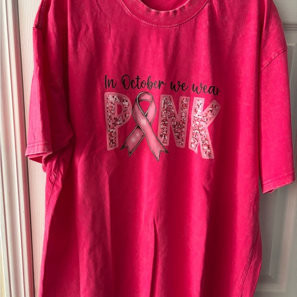 Breast Cancer Awareness Pink Distressed “In October We Wear Pink” T-Shirt - Picture 10 of 11